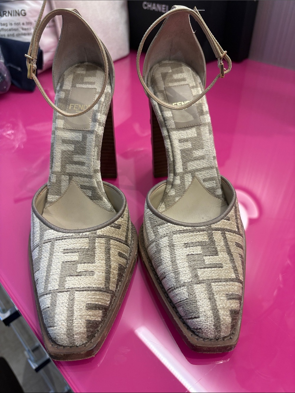 Fendi Beige FF Logo Ankle-Strap Pointed Pumps with Block Heel